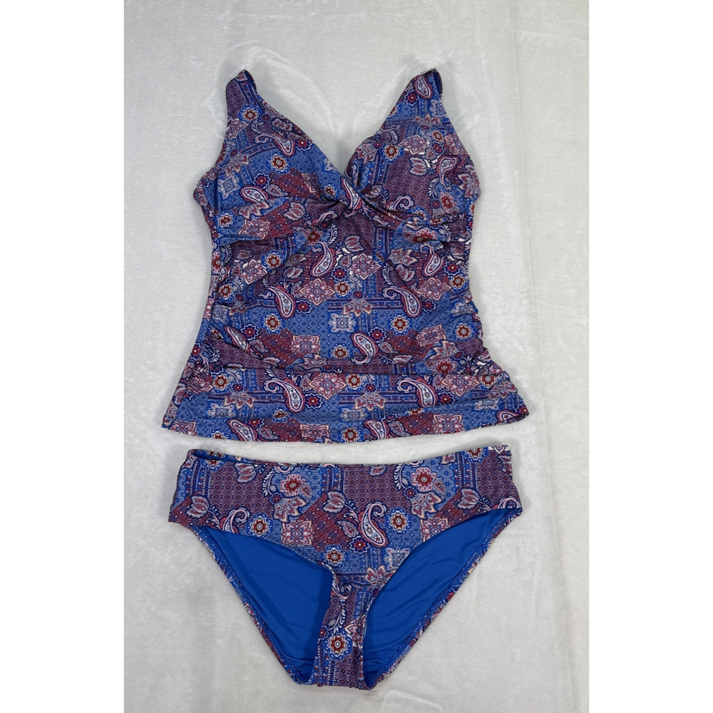NWOT Nip Tuck Swim Two Piece Paisley Printed Tankini Swimsuit Blue Pink 12 Chrty